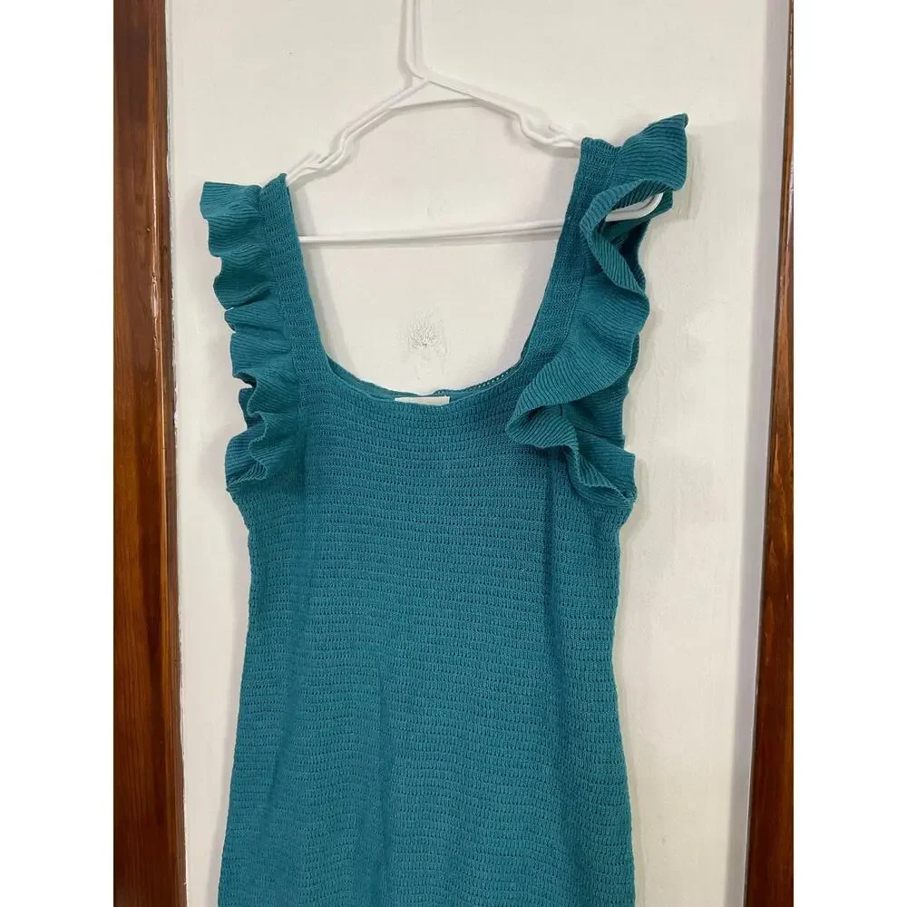 Anthropologie Ruffled Pointelle Knit Mini Dress Square Neck Blue Medium - Picture 5 of 9